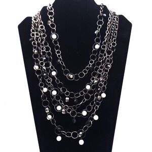 Gunmetal Multi Strand Necklace Faux Pearl Black Bead Statement
